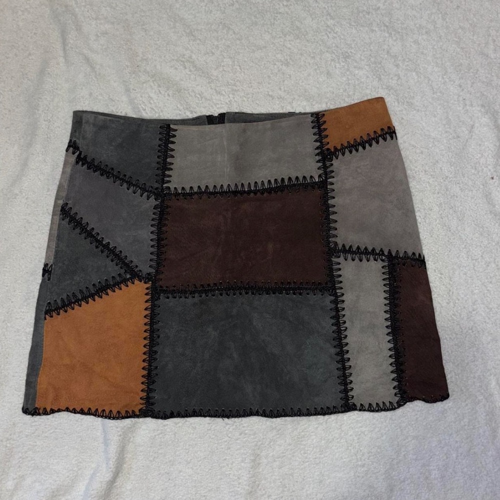 Zara Patchwork A-Line Skirt - Gray, Brown, Tan